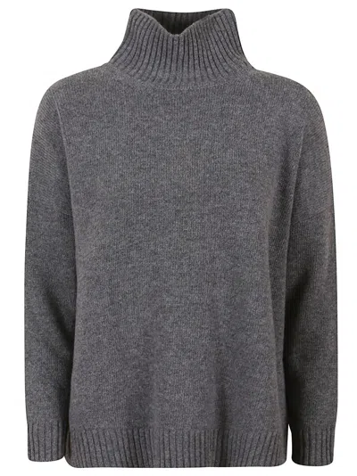 Max Mara High Ribbed Turtleneck Wool Sweater With Relaxed Fit In Gray