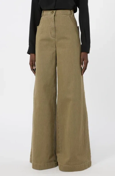 Max Mara High Waist Coated Cotton Bull Denim Wide Leg Pants In Green