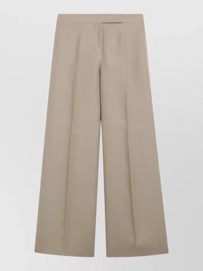 Max Mara Wide-leg Trousers In Sand-colored Wool And Silk Poplin In Green