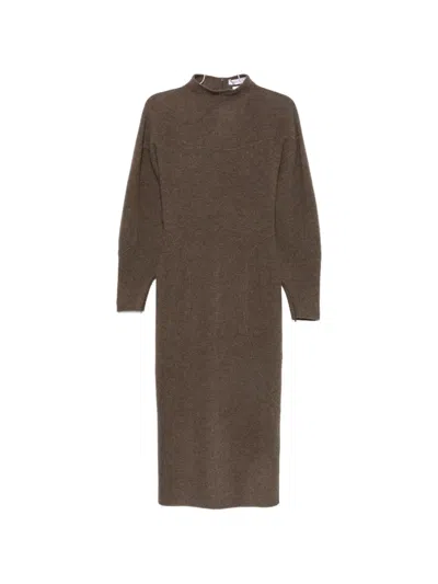 Max Mara High-neck Balloon-sleeve Midi Dress In Brown
