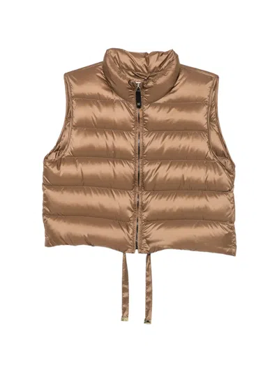 Max Mara High-neck Front-zip Puffer Jacket With Adjustable Hem Drawstring And Back Logo Print In Marrone