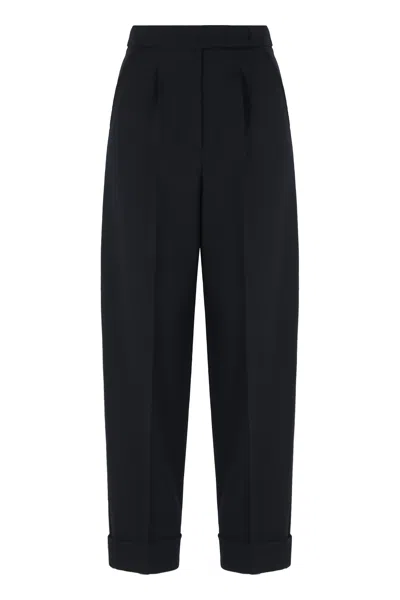 Max Mara High-waisted Double Stretch Wool Pants With Cuffed Hem In Blue