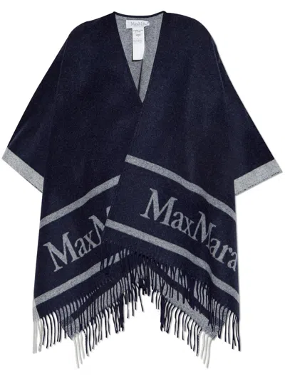 Max Mara Jacquard Logo-decorated Wool Cloak In Navy