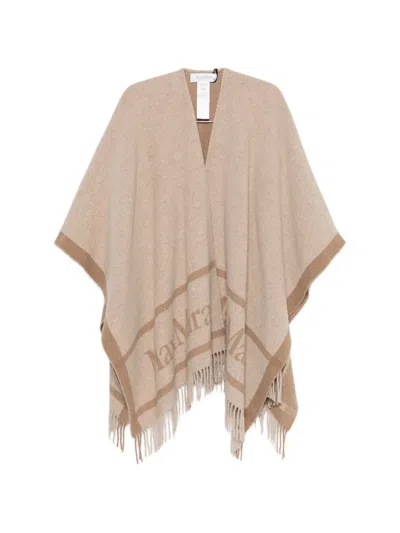 Max Mara Sandy Color Jacquard Wool Poncho In Neutral