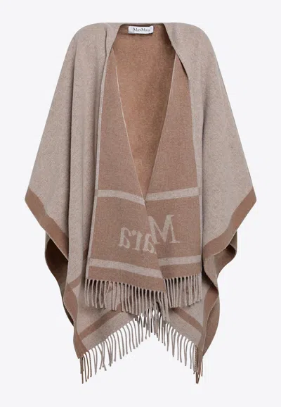 Max Mara Hilde Jacquard Fringed Poncho In Beige