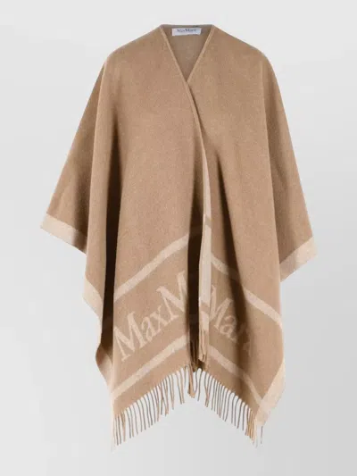 Max Mara Hilde Jacquard Wool Poncho Fringe Detail In Brown