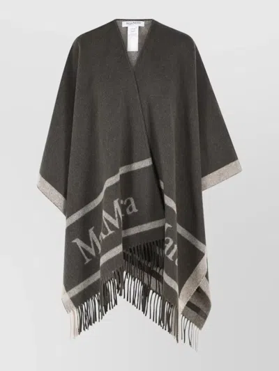 Max Mara Hilde Jacquard Wool Poncho Fringe Open In Gray