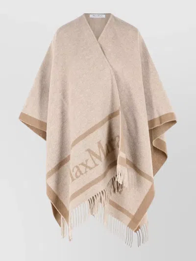 Max Mara Hilde Jacquard Wool Poncho Open Front In Neutral