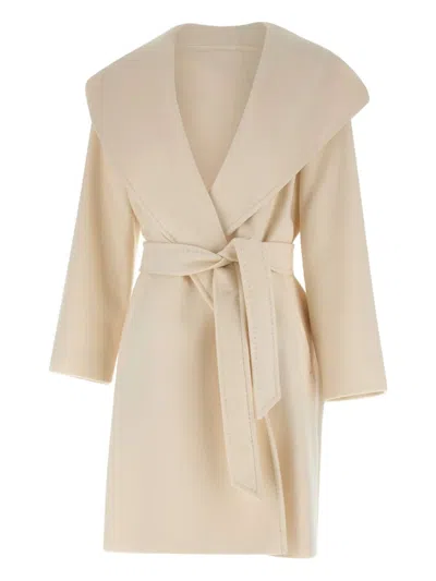 Max Mara Hooded Belted Wool Coat In Neutral