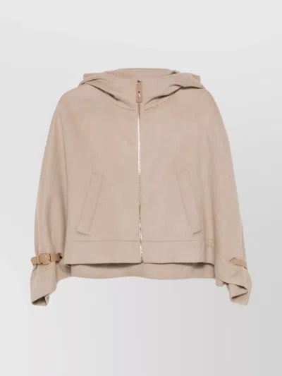Max Mara Hooded Cape With Buckle And Pockets In Neutral