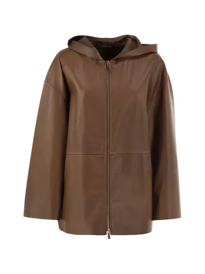 Max Mara Hooded Leather Jacket In Brown