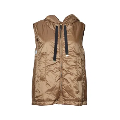Max Mara Hooded Sleeveless Vest With Zip Closure And Contrasting Drawstrings In Brown