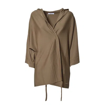 Max Mara Hooded Wrap Coat With Relaxed Fit And Three-quarter Sleeves In Brown