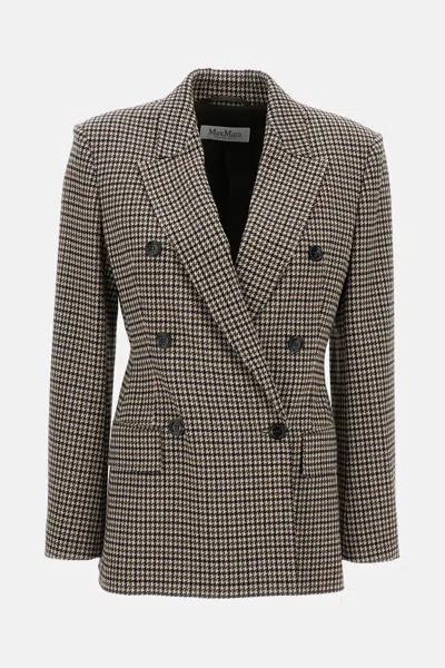 Max Mara Houndstooth T-shirt Jacket Double-breasted Lined Wool-blend In Brown