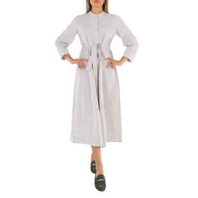 Pre-owned Max Mara Ice Cloe Belted Poplin Long-sleeve Midi Dress In White