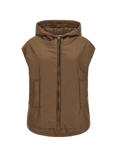 Max Mara Integrated Hood Padded Jacket With Front Zip And Welt Pockets In Brown
