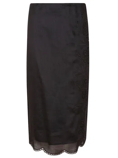 Max Mara Intricate Embroidered Black Midi Skirt With Scalloped Hem