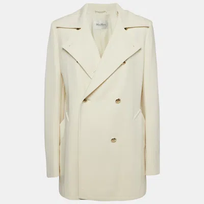 Pre-owned Max Mara Ivory Wool Double Breasted Rebus Coat L In White