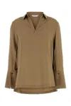 Max Mara Layered Hem V-neckline Pleated Back Blouse In Brown