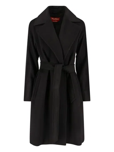 Max Mara Waist Belted Long Length Lapels Pockets In Black