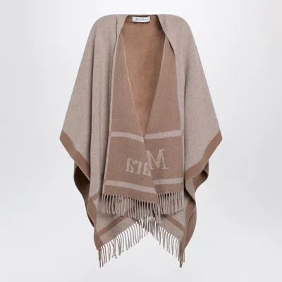 Max Mara Jacquard Poncho With Fringes In Sandcolored Wool In Brown