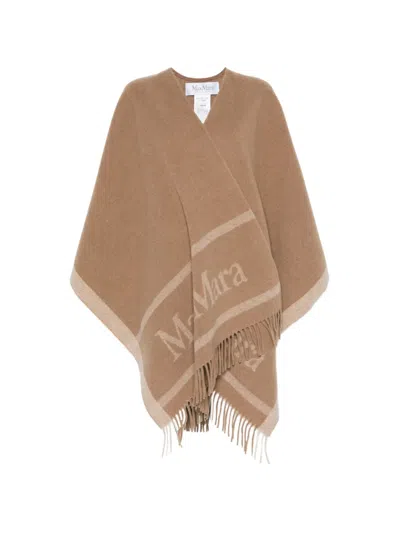 Max Mara Jacquard Wool Poncho In Brown