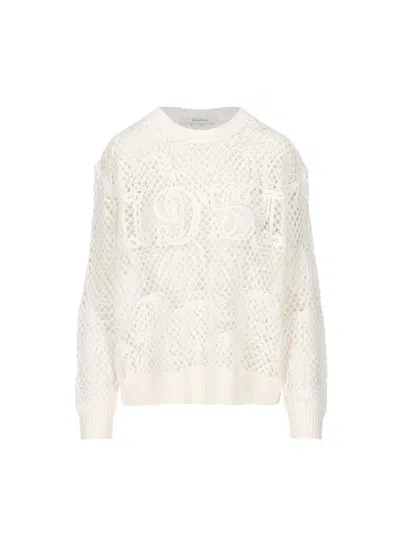 Max Mara Open-knit White Sweater With Textured Detail In Neutral