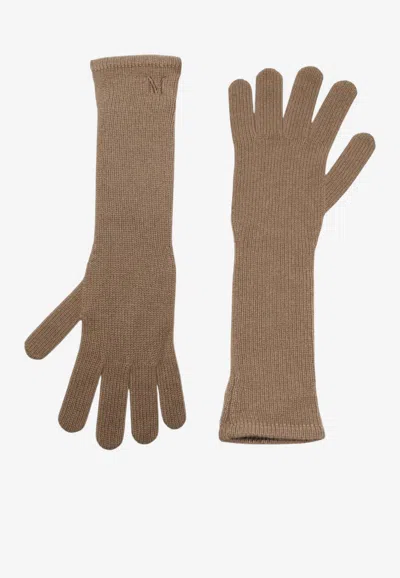 Max Mara Jock Monogram Long Ribbed Gloves In Brown