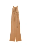 Max Mara Camel Brown Drawstring Waistband Silk Jumpsuit In Beige