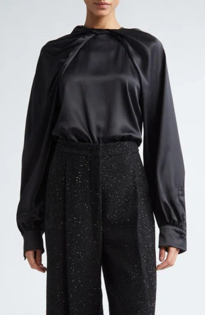 Max Mara Key Twist Detail Draped Silk Satin Top In Black