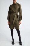Max Mara Kim Long Sleeve Silk Belted Shirtdress In Kaki