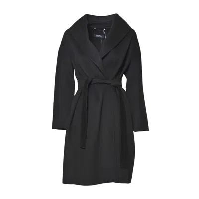 Max Mara Knee-length Virgin Wool Coat With Wide Collar And Self-tie Belt In Black