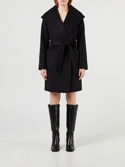 Max Mara Knee-length Camel Wool Robe Coat With Shawl Collar And Belt In Black