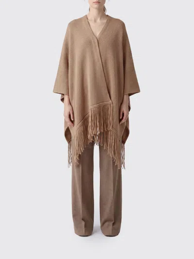 Max Mara Knee-length Wrap Cape In Wool And Cashmere With Fringed Hem In Brown