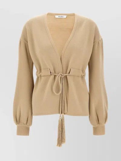 Max Mara Knit Cardigan Belt At Waist V-neck In Neutrals