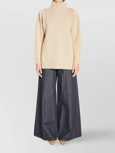 Max Mara Knit Cashmere Longline Sweater With Ribbed Finish In Brown