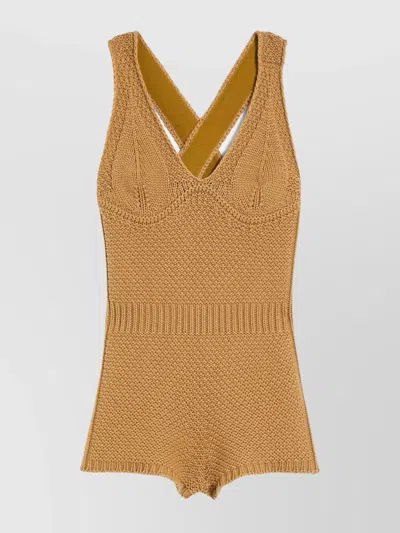 Max Mara Knit Jumpsuit With Fringed Hem And V-neckline In Brown