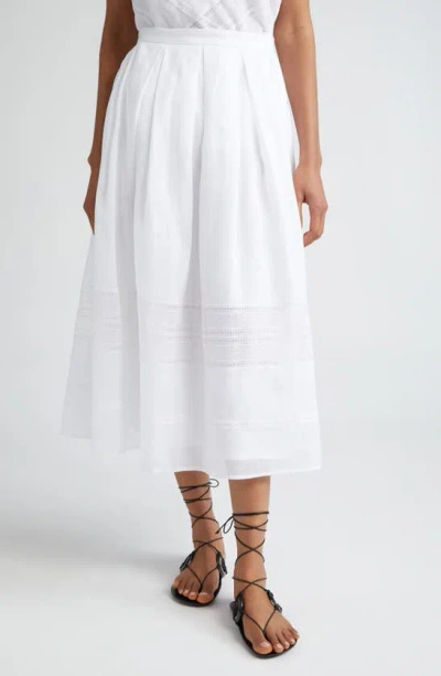 Max Mara Lace Inset Pleated Ramie Midi Skirt In White