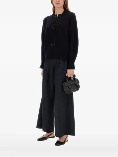 Max Mara Lace-up Ribbed Sweater In Blue