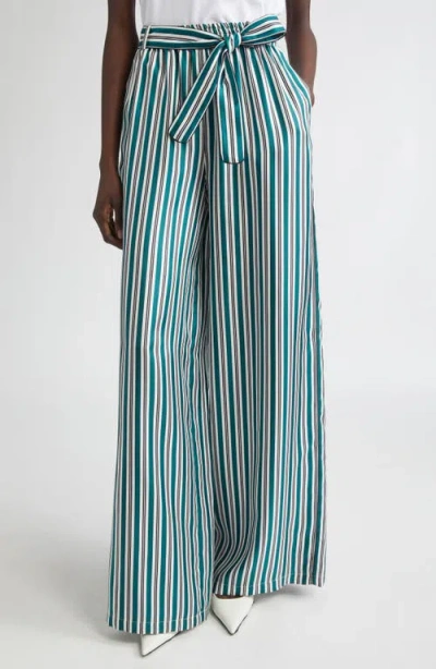 Max Mara Ladino Stripe Belted Wide Leg Silk Pants In Multi