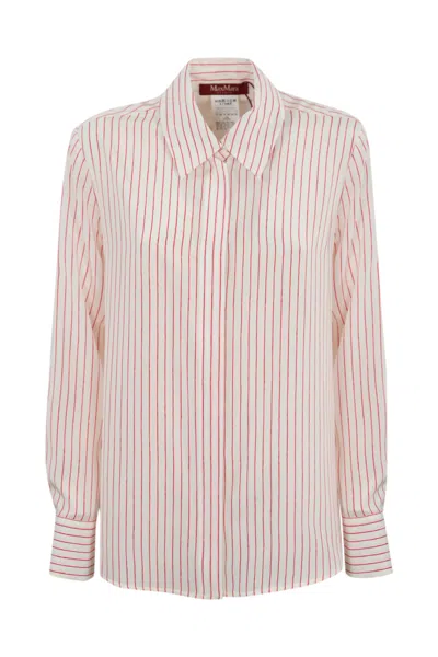 Max Mara Lama Shirt In Crepe De Chine In Bianco/rosso