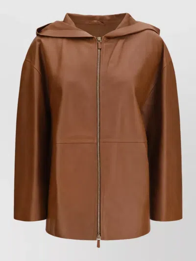 Max Mara Lamb Leather Hooded Oversized Coat In Brown