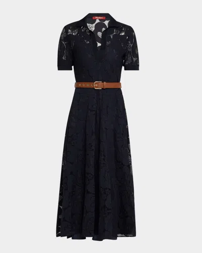 Max Mara Lambro Belted Floral Lace Midi Dress In Blue