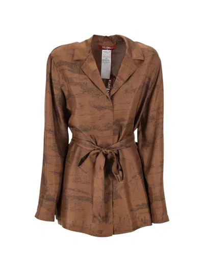 Max Mara Landscape-print Belted Shirt In Brown