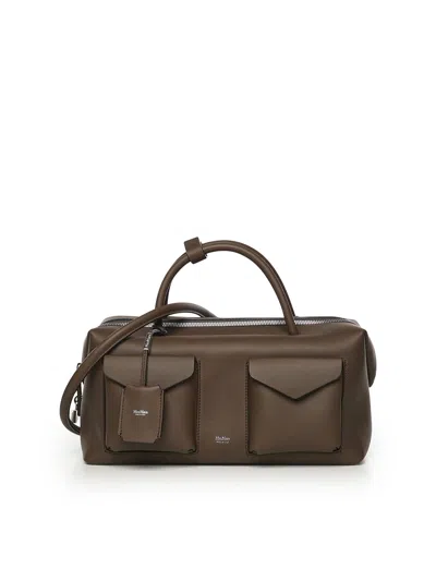 Max Mara Large Leather Satchel Bag With Pockets In Brown