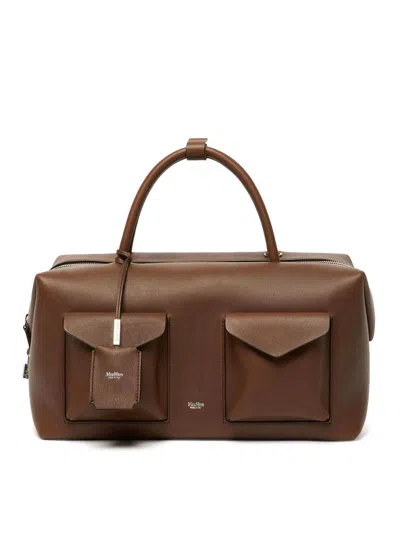 Max Mara Large Leather Satchel Bag With Pockets In Brown