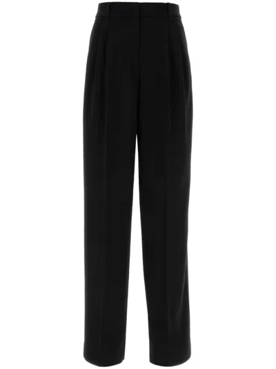 Max Mara High-waisted Double Stretch Wool Pants With Cuffed Hem In Black