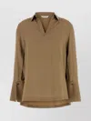 Max Mara Layered Hem V-neckline Pleated Back Blouse In Brown