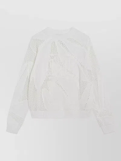 Max Mara Leaf Pattern Crew Neck Textured Knit Sweater In White