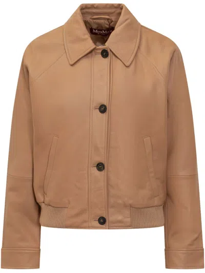 Max Mara Leather Bomber Jacket In Brown